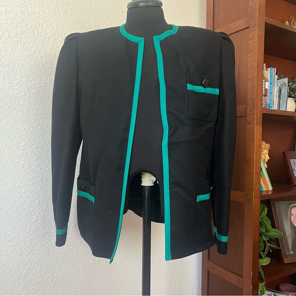 Louis Feraud 90s Vintage Wool Teal and Black blazer 12